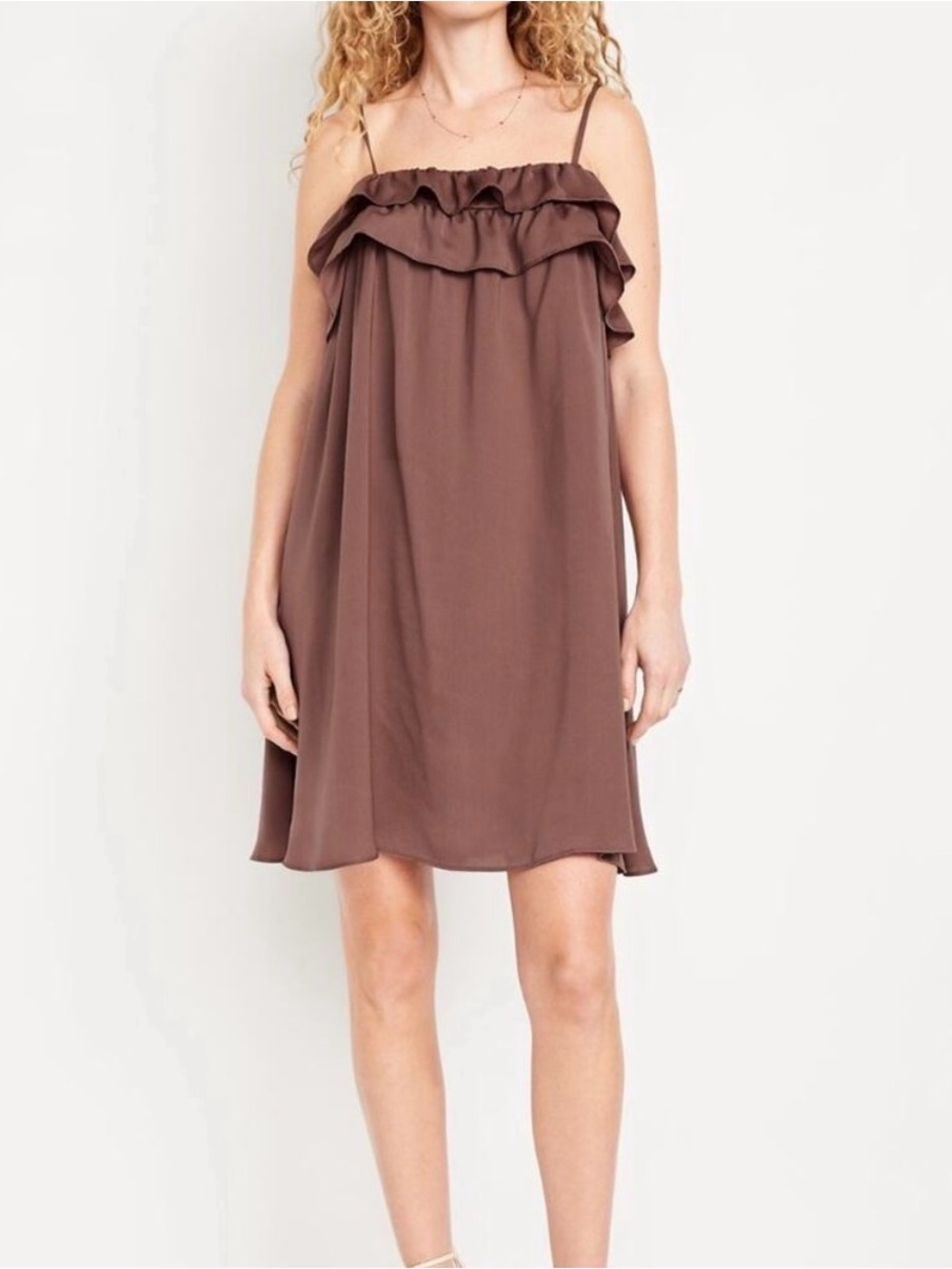 Old Navy Brown Ruffle-Trim Satin Spaghetti Strap Mini Dress